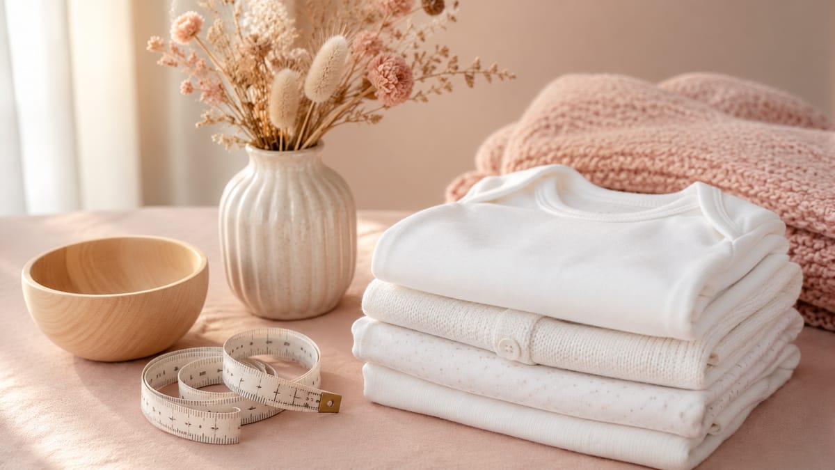 Baju bayi terlipat, bunga kering, dan meteran kain di atas permukaan warna blush
